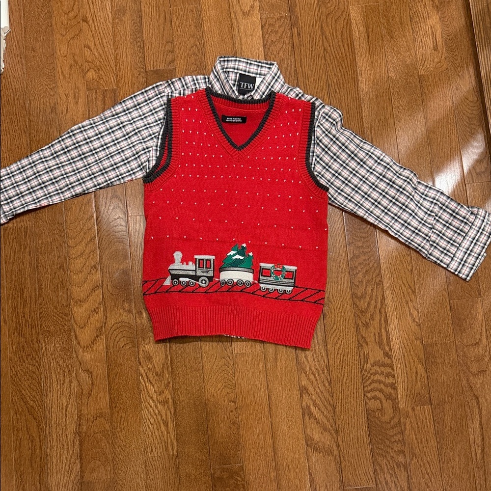 Kids Train-Themed Red Sweater Vest Set